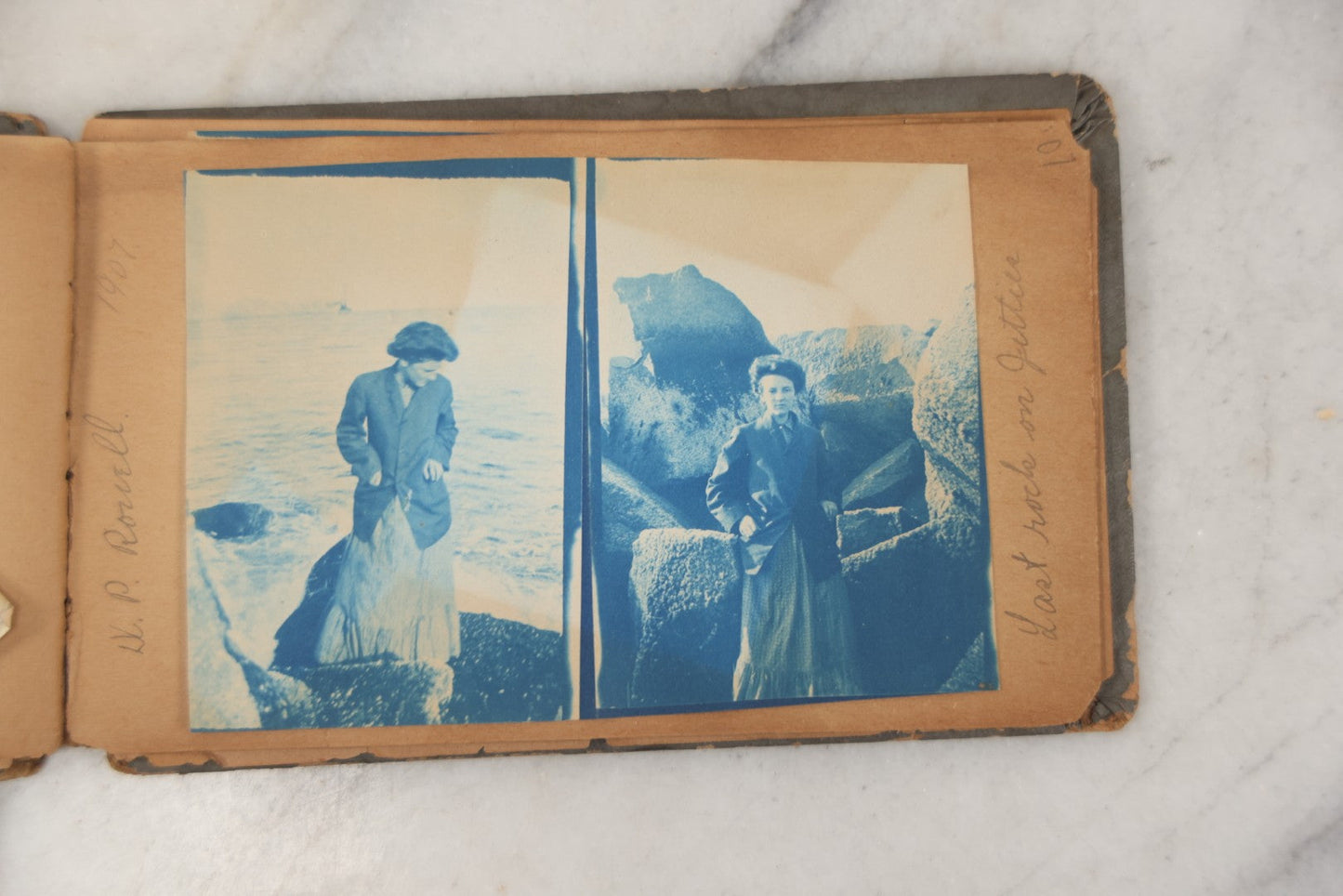 Lot 241 - Antique Snapshot And Cyanotype Photo Album Contained In A Victorian Autograph Book, Containing Photos Of The Students Of West Newbury High School, Massachusetts, Including Creative Group Shots, Beach Scenes, Playful Friends, And More