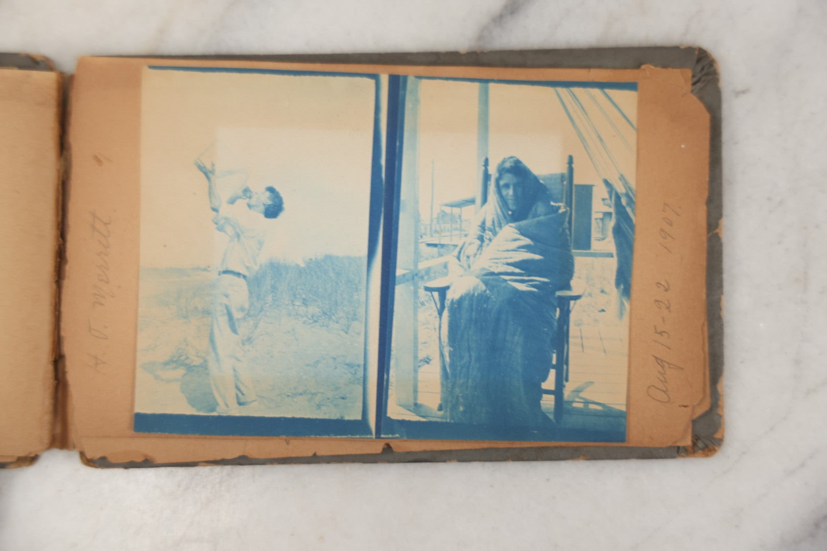Lot 241 - Antique Snapshot And Cyanotype Photo Album Contained In A Victorian Autograph Book, Containing Photos Of The Students Of West Newbury High School, Massachusetts, Including Creative Group Shots, Beach Scenes, Playful Friends, And More