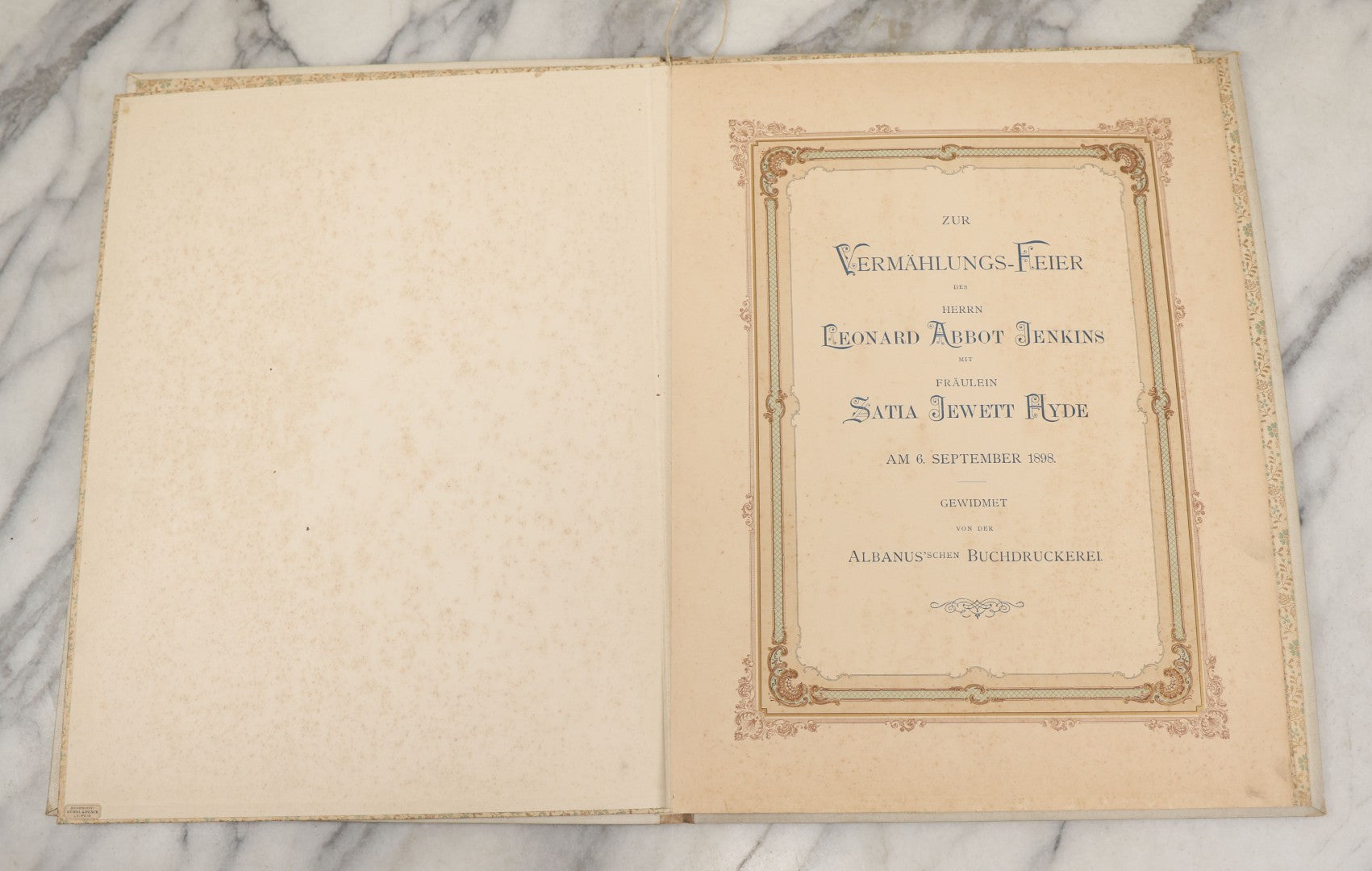 Lot 242 - Antique German Wedding Certificate Folio, For The Wedding Ceremony Of Mr. Leonard Abbot Jenkins And Miss Satia Jewett Hyde On September 6, 1898., Van Der
Albanus, Printers