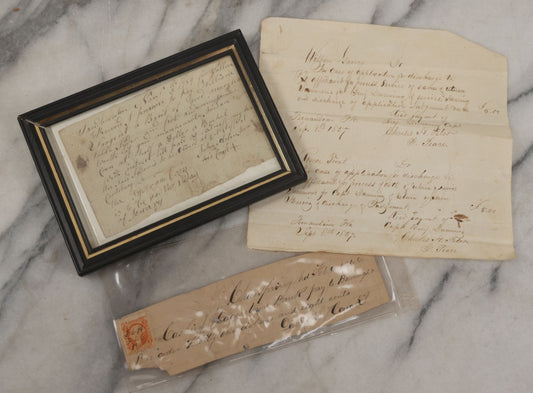 Lot 244 - Grouping Of Three Antique Handwritten Receipts, Including Framed Receipt From 1789, Other Mid 19th Century
