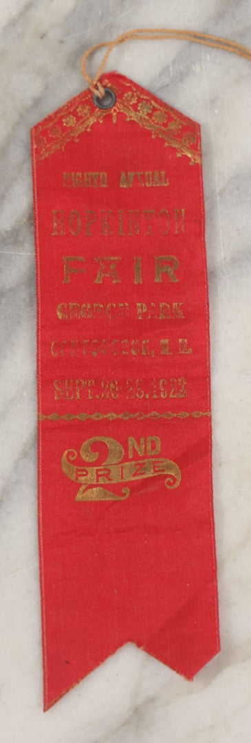 Lot 245 - Grouping Of Three Antique Prize Ribbons From The Eighth Annual Hopkinton Fair, George Park, Contoocook, New Hampshire, September 1922, Two Blue First Prize Badges, One Red Second Prize, Made By The Sommer Badge Mfg. Co., Newark, New Jersey