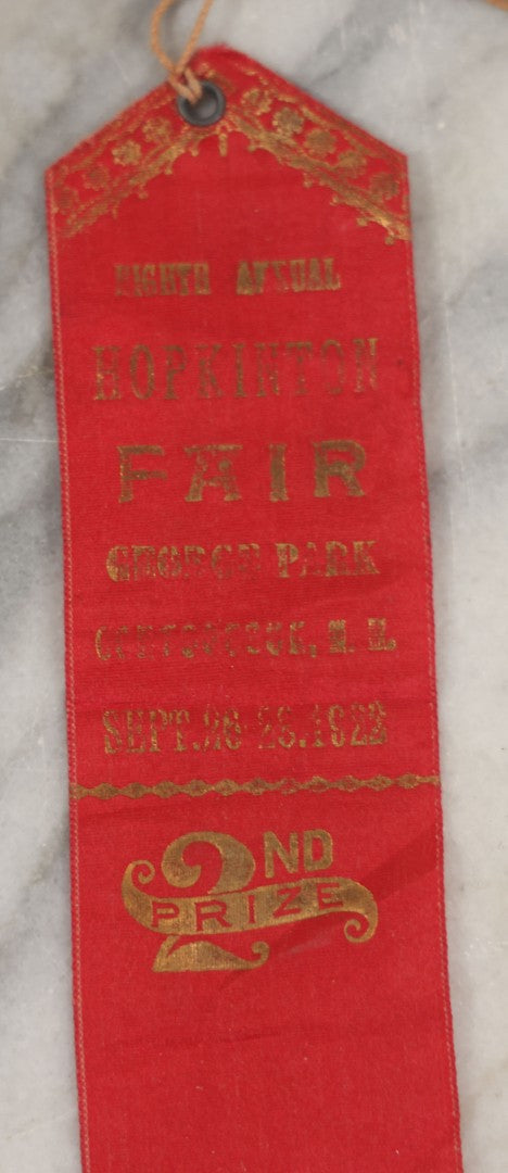 Lot 245 - Grouping Of Three Antique Prize Ribbons From The Eighth Annual Hopkinton Fair, George Park, Contoocook, New Hampshire, September 1922, Two Blue First Prize Badges, One Red Second Prize, Made By The Sommer Badge Mfg. Co., Newark, New Jersey