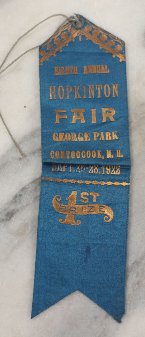 Lot 245 - Grouping Of Three Antique Prize Ribbons From The Eighth Annual Hopkinton Fair, George Park, Contoocook, New Hampshire, September 1922, Two Blue First Prize Badges, One Red Second Prize, Made By The Sommer Badge Mfg. Co., Newark, New Jersey