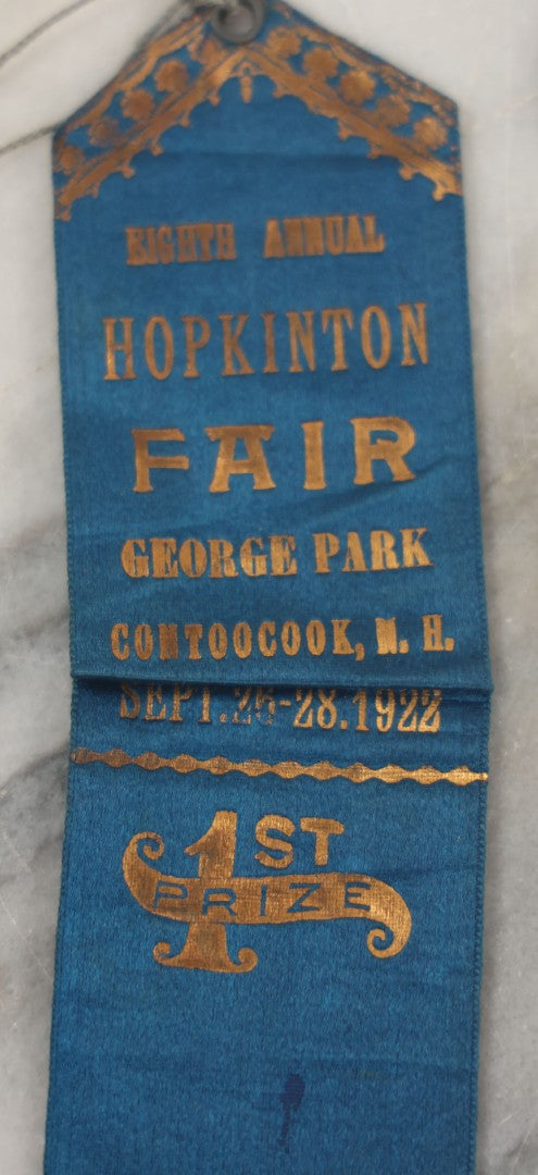 Lot 245 - Grouping Of Three Antique Prize Ribbons From The Eighth Annual Hopkinton Fair, George Park, Contoocook, New Hampshire, September 1922, Two Blue First Prize Badges, One Red Second Prize, Made By The Sommer Badge Mfg. Co., Newark, New Jersey