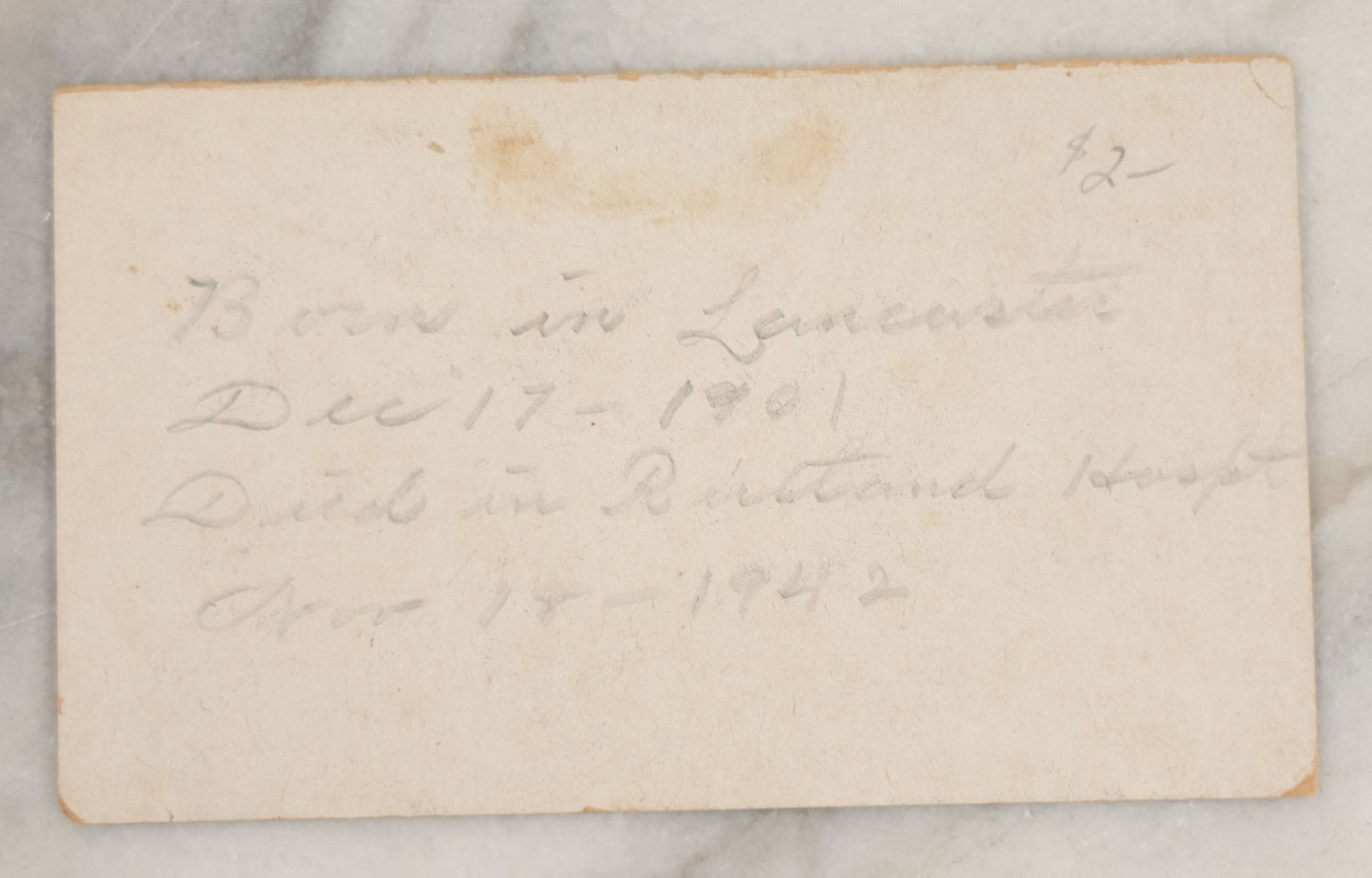 Lot 247 - Antique Charity Solicitation Card With Photo Of A Bow-Legged Man With Cane, Info On Verso Indicates Born In Lancaster, December 17, 1902, Died In Bertrand Hospital, November 18, 1942