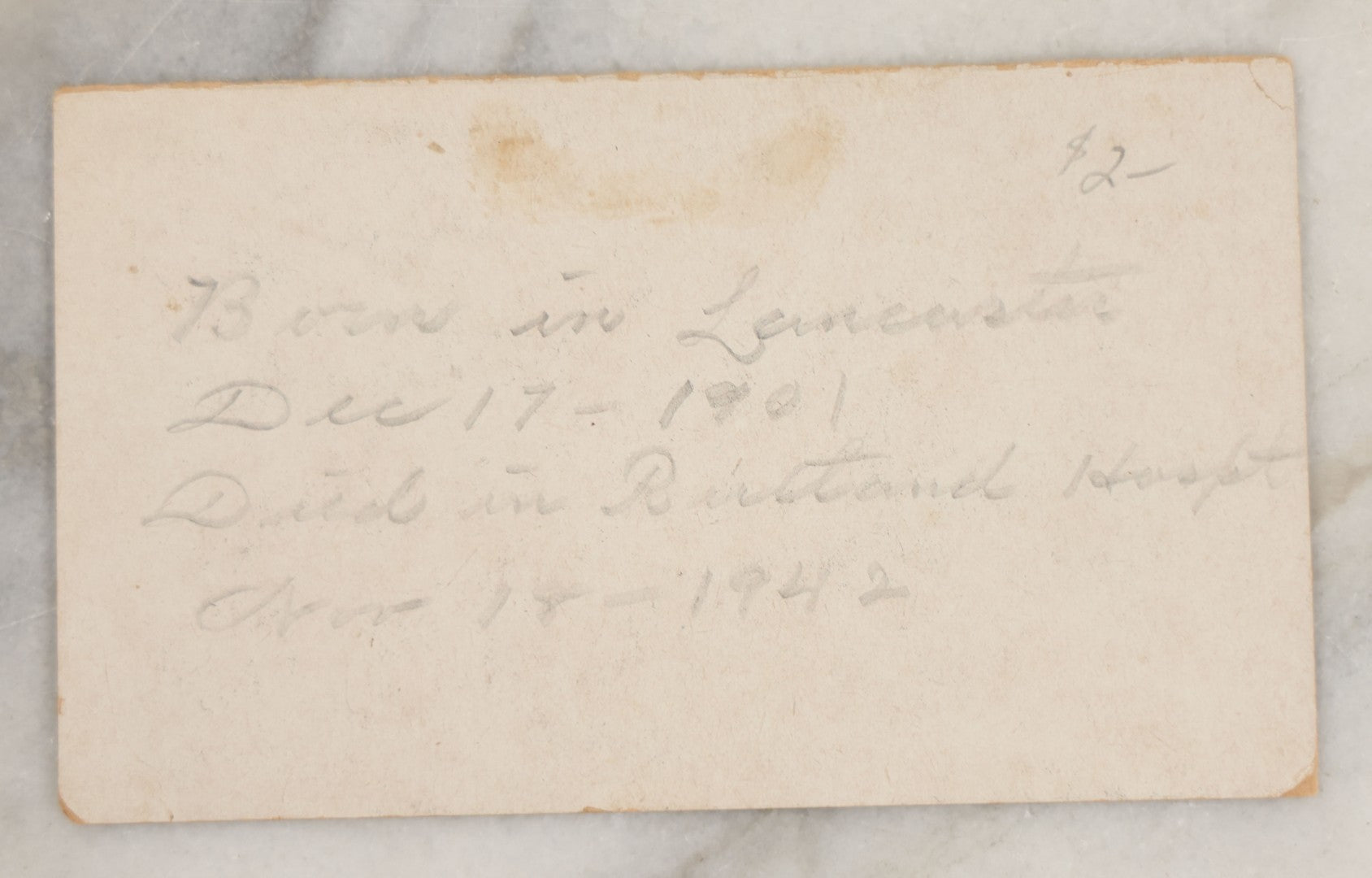 Lot 247 - Antique Charity Solicitation Card With Photo Of A Bow-Legged Man With Cane, Info On Verso Indicates Born In Lancaster, December 17, 1902, Died In Bertrand Hospital, November 18, 1942