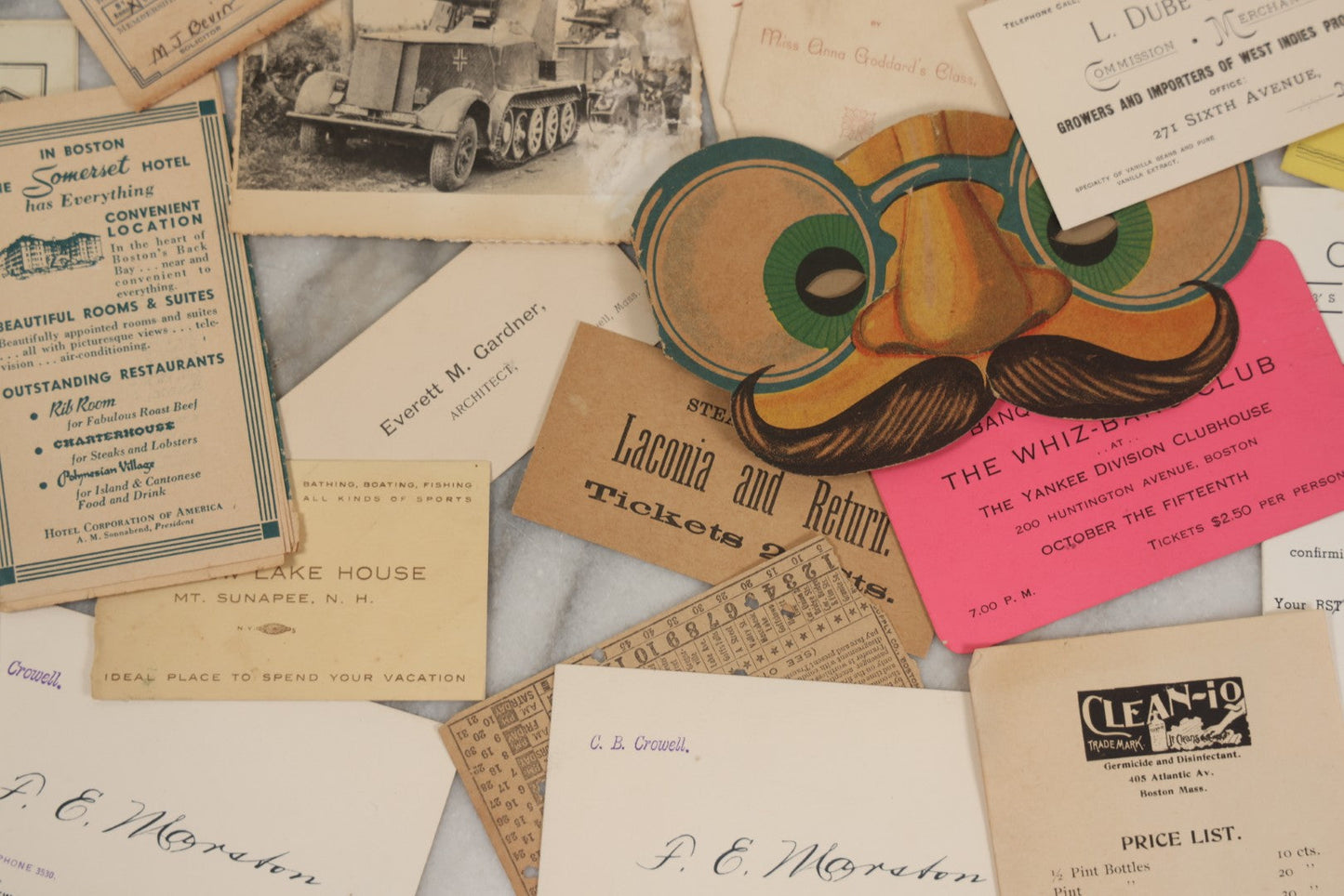Lot 255 - Grouping Of Approximately 15 Antique And Vintage Ephemera Scraps Including Novelty Paper Glasses, Whiz-Bang Club Banquet Invite, Laconia Steamer Train Ticket, And More