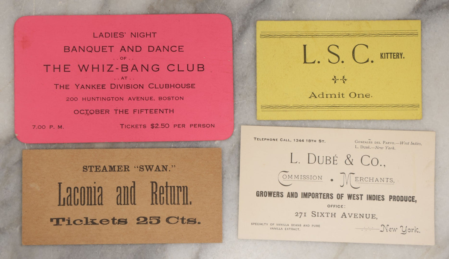 Lot 255 - Grouping Of Approximately 15 Antique And Vintage Ephemera Scraps Including Novelty Paper Glasses, Whiz-Bang Club Banquet Invite, Laconia Steamer Train Ticket, And More