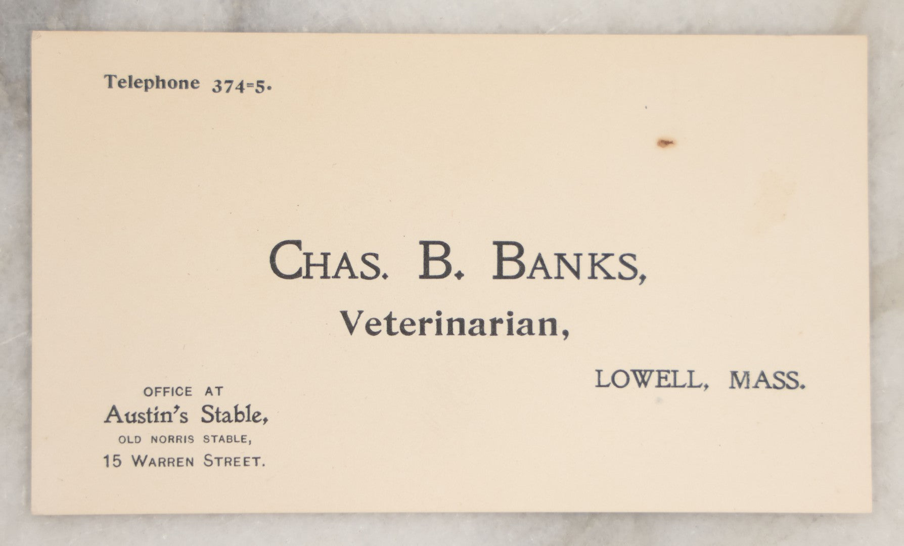 Lot 257 - Single Ephemera Scrap, Chas. B. Banks, Veterinarian, Lowell, Massachusetts, Office At Austin's Stable