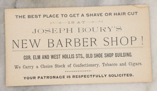 Lot 259 - Single Ephemera Scrap, Advertising And Business Card For Joseph Boury's New Barber Shop, "We Carry A Choice Stock Of Confectionery, Tobacco, And Cigars"