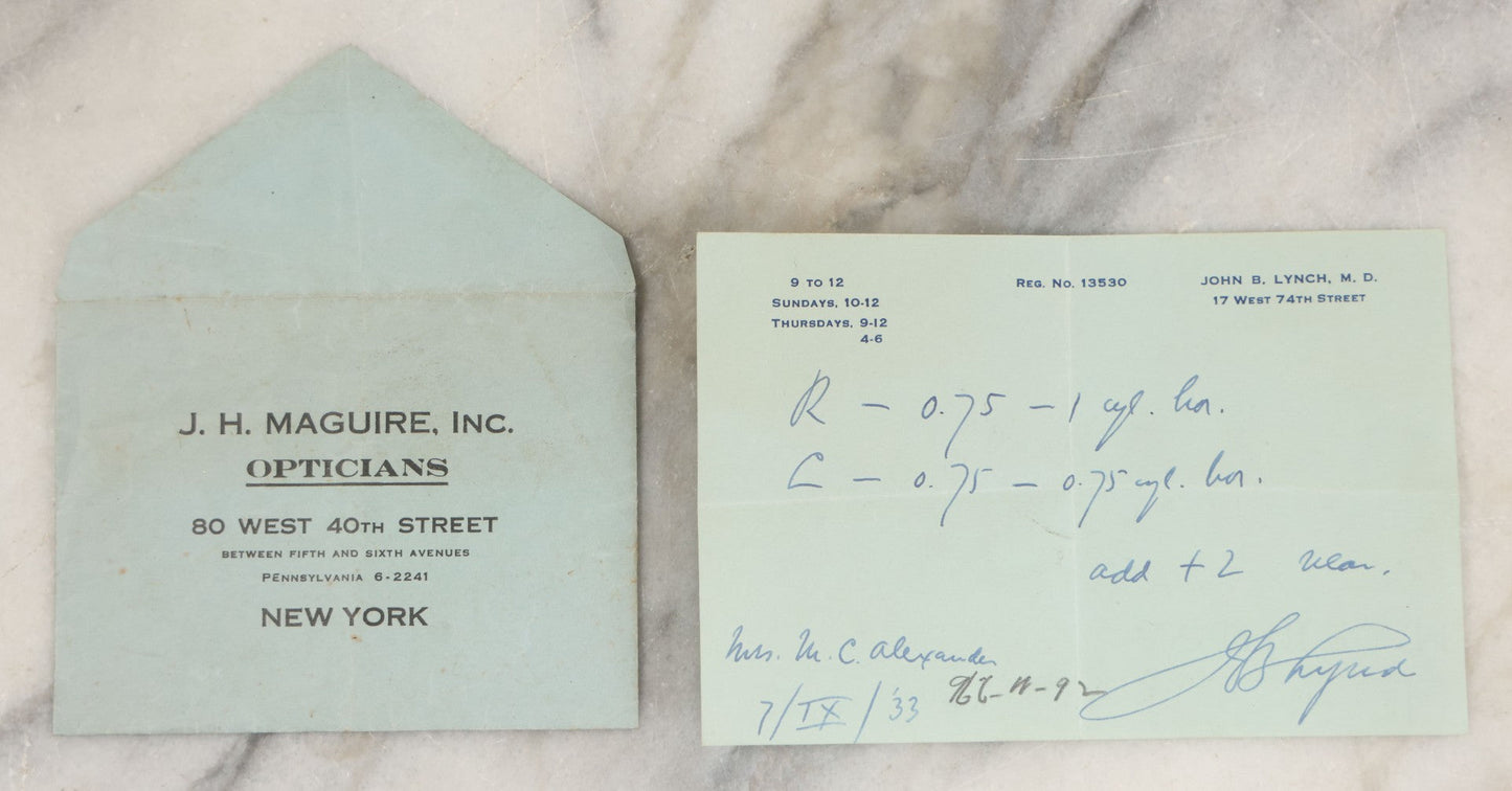Lot 260 - Single Antique Ephemera Scrap, Prescription And Envelope From J.H. Maguire Inc., Opticians, New York City