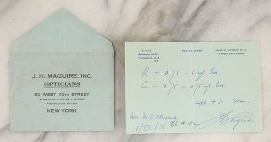 Lot 260 - Single Antique Ephemera Scrap, Prescription And Envelope From J.H. Maguire Inc., Opticians, New York City