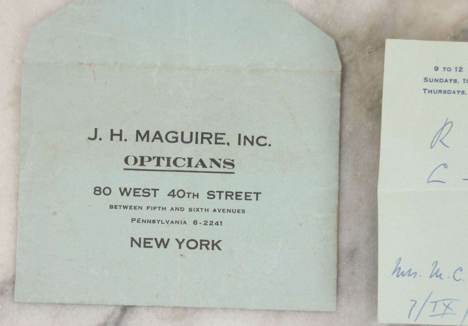 Lot 260 - Single Antique Ephemera Scrap, Prescription And Envelope From J.H. Maguire Inc., Opticians, New York City