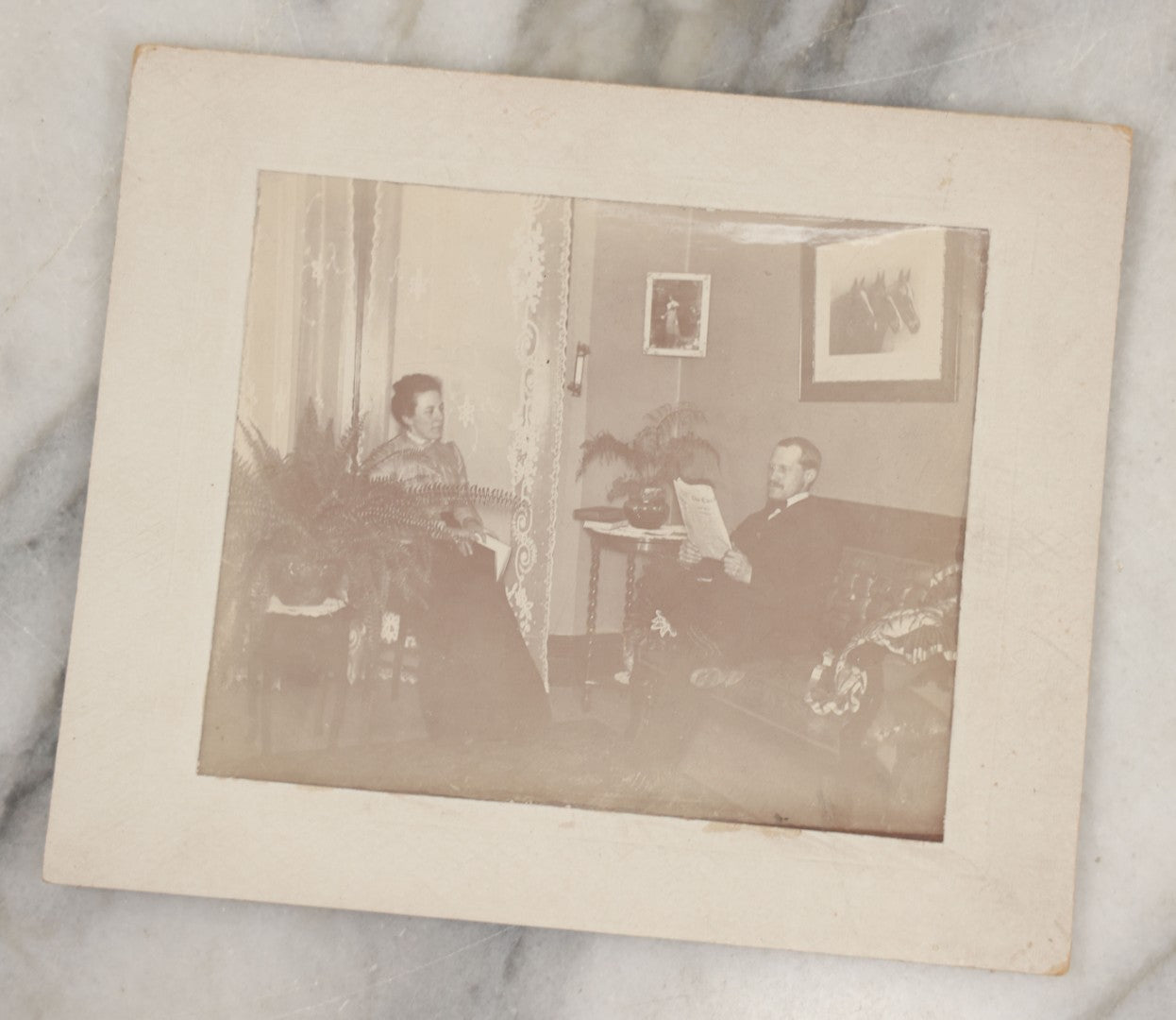 Lot 261 - Pair Of Antique Boarded Photographs, Including Man And Women Interior, Photo Of River, Flume