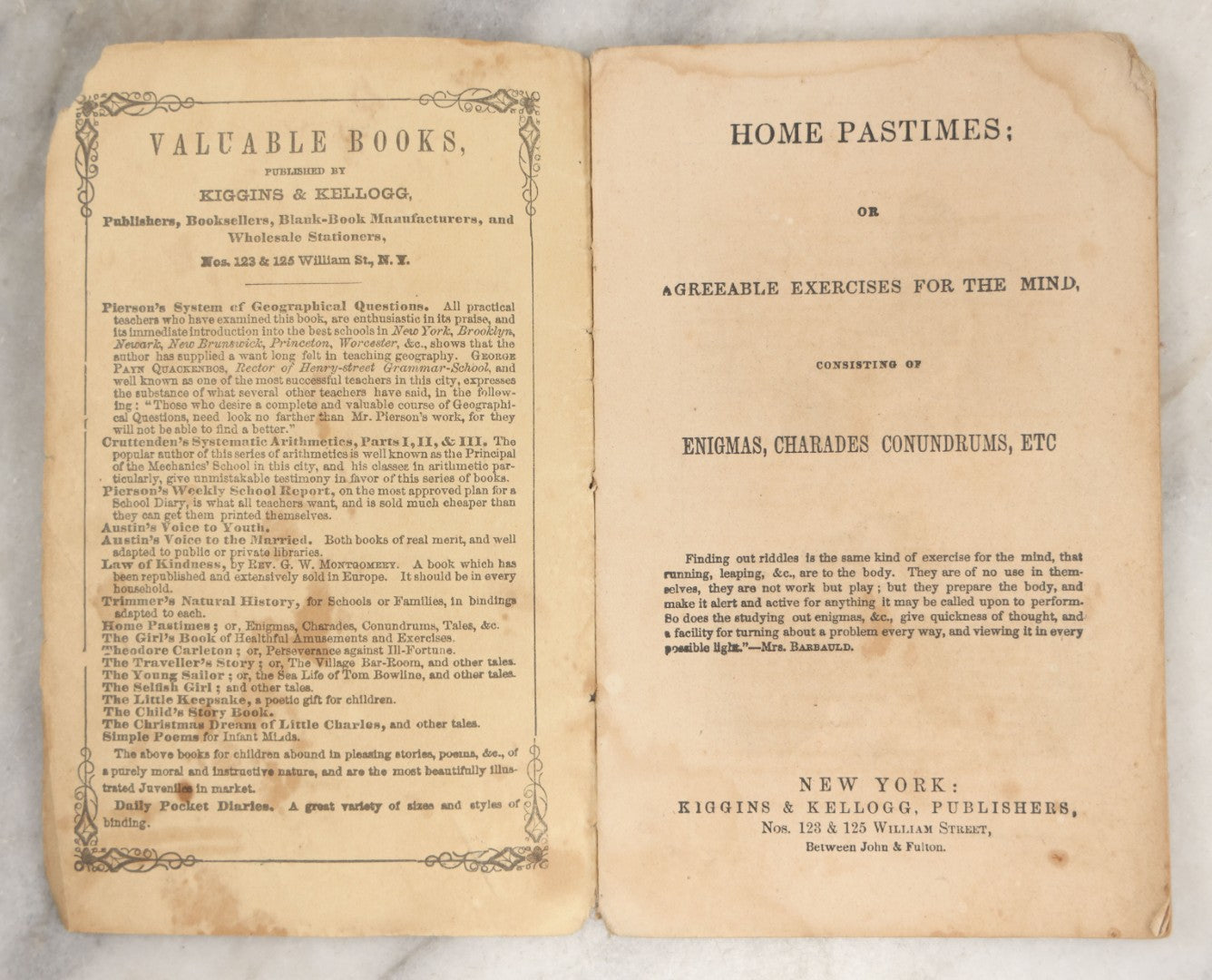 Lot 262 - "Home Pastimes Or Agreeable Exercises For The Mind" Antique Pamphlet With Poetry, Illustrations, And Riddles, Kiggins & Kellogg, Publishers, New York