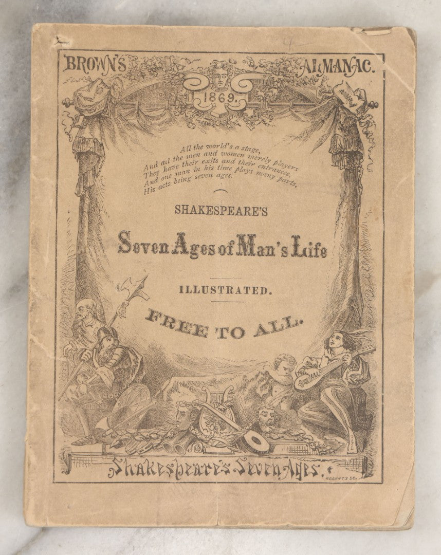 Lot 263 - "Seven Ages Of Man's Life" Antique 1869 Brown's Almanac Booklet With Theatrical Illustrations On Cover And Throughout, Featuring "Shakespeare's Seven Ages," Medical Cure Essays, And Almanac Calendars