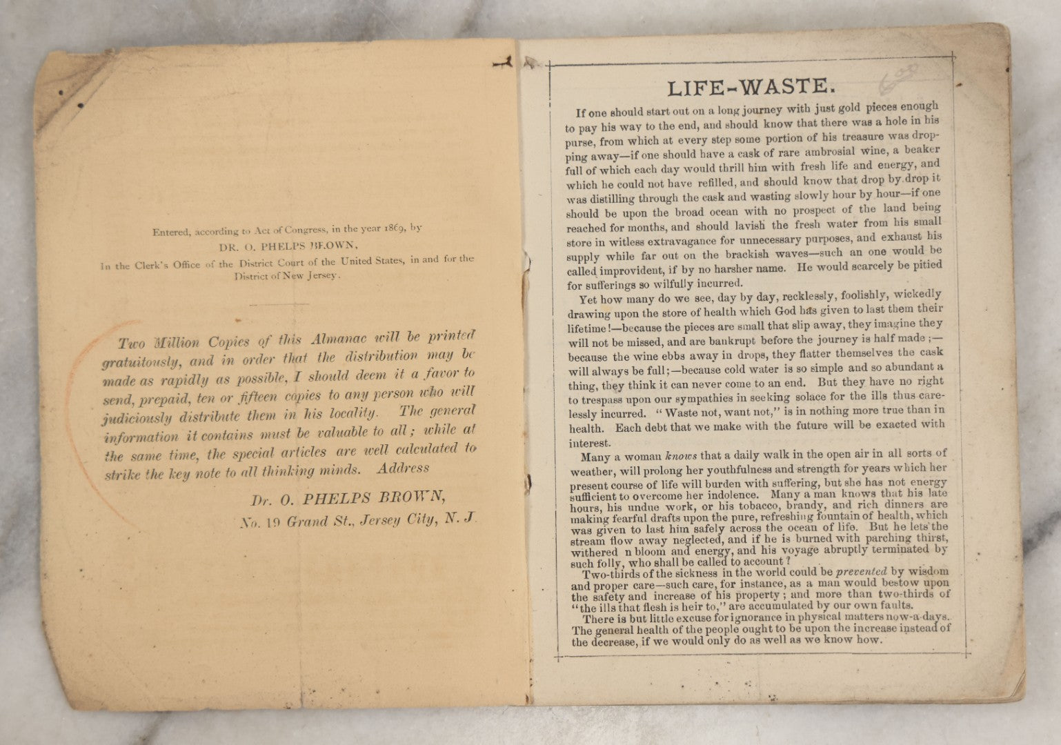 Lot 263 - "Seven Ages Of Man's Life" Antique 1869 Brown's Almanac Booklet With Theatrical Illustrations On Cover And Throughout, Featuring "Shakespeare's Seven Ages," Medical Cure Essays, And Almanac Calendars