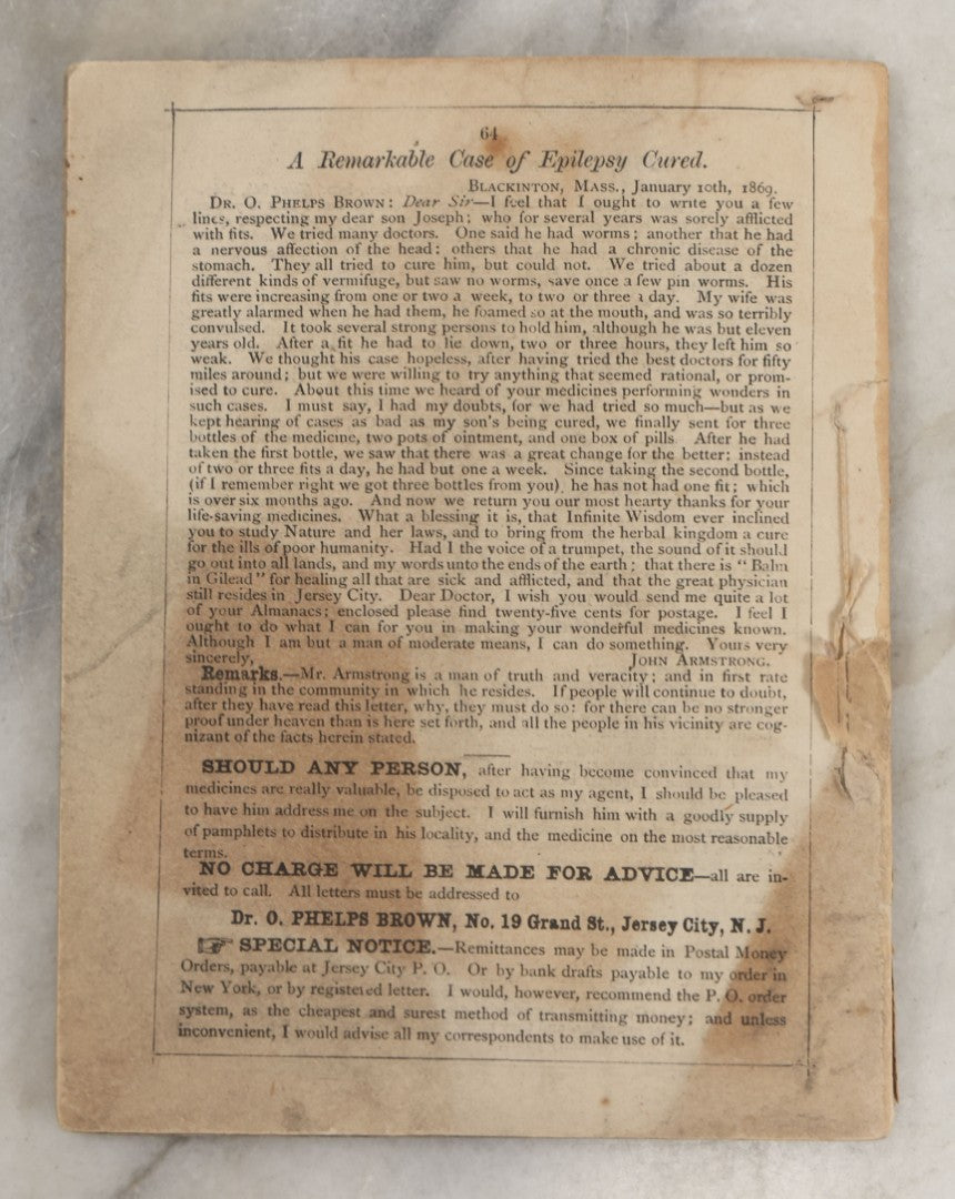 Lot 263 - "Seven Ages Of Man's Life" Antique 1869 Brown's Almanac Booklet With Theatrical Illustrations On Cover And Throughout, Featuring "Shakespeare's Seven Ages," Medical Cure Essays, And Almanac Calendars