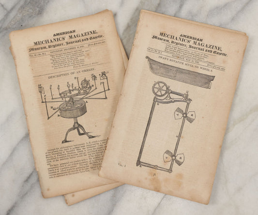 Lot 264 - Lot Of Three Antique Paper Journal American Mechanics' Magazine, 1825, With Illustrations Of Mechanics Of Antique Machines And Instructions For Tradespeople