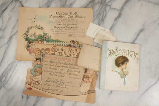 Lot 269 - Antique "Proof Of Life" Lot, Including Baby Book, Illustrated Cradle Roll Certificates From The East Baptist Sunday School, 1919, And Related Ephemera