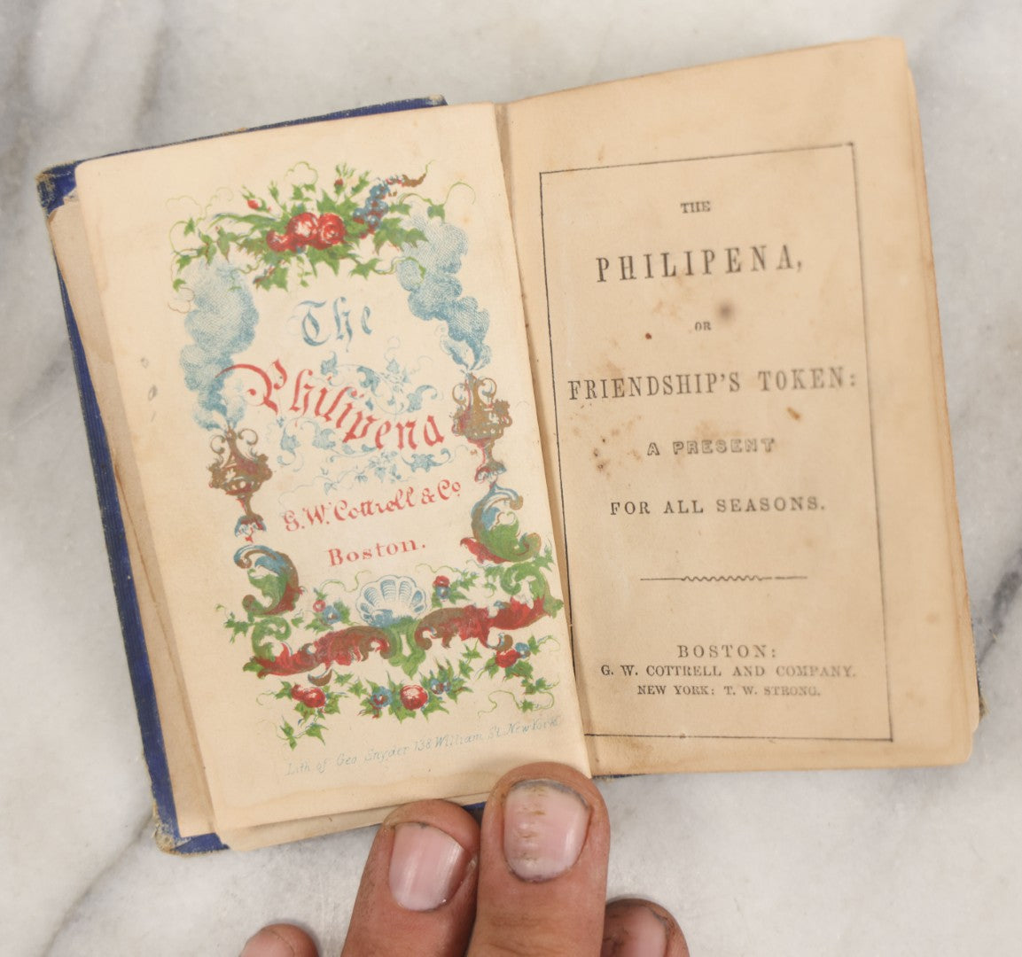 Lot 272 - "The Philipena, Or Friendship's Token: A Present For All Seasons" Antique Miniature Book With Illustrated Color Frontispiece, Prose And Poetry, Cottrell And Company, Publishers, Boston, 1885 Inscription