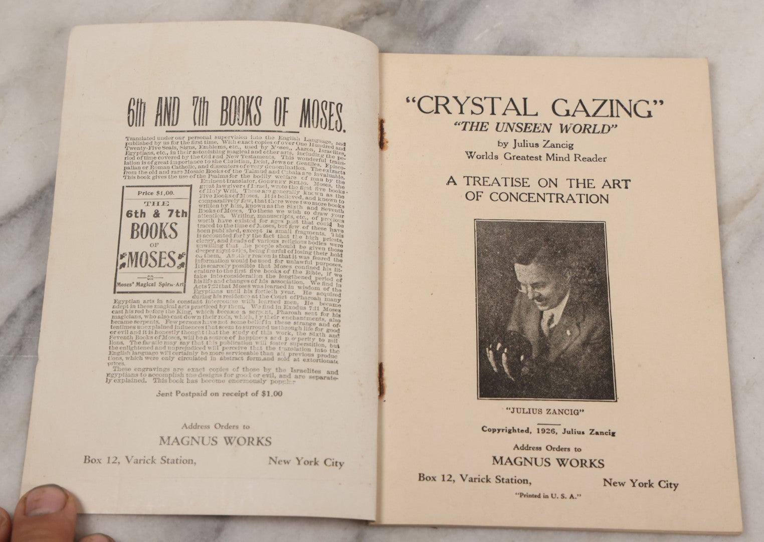 Lot 003 - "Crystal Gazing" Antique Booklet By Julius Zancig, World's Greatest Mind Reader, "The Unseen World, A Treatise On The Art Of Concentration," Copyright 1923, Magnus Works, New York City