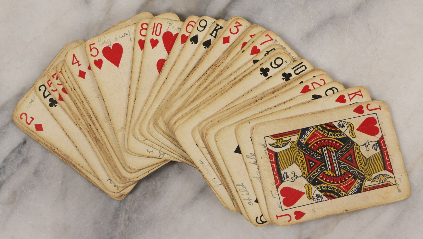 Lot 004 - Deck Of 50 Antique Playing Cards With Handwritten Fortune Telling Game Added, Handwriting Contemporary With Cards, Cards Manufactured By Russell Playing Card Co., New York, U.S.A