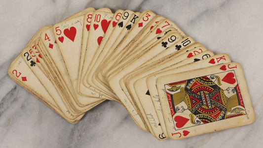 Lot 004 - Deck Of 50 Antique Playing Cards With Handwritten Fortune Telling Game Added, Handwriting Contemporary With Cards, Cards Manufactured By Russell Playing Card Co., New York, U.S.A