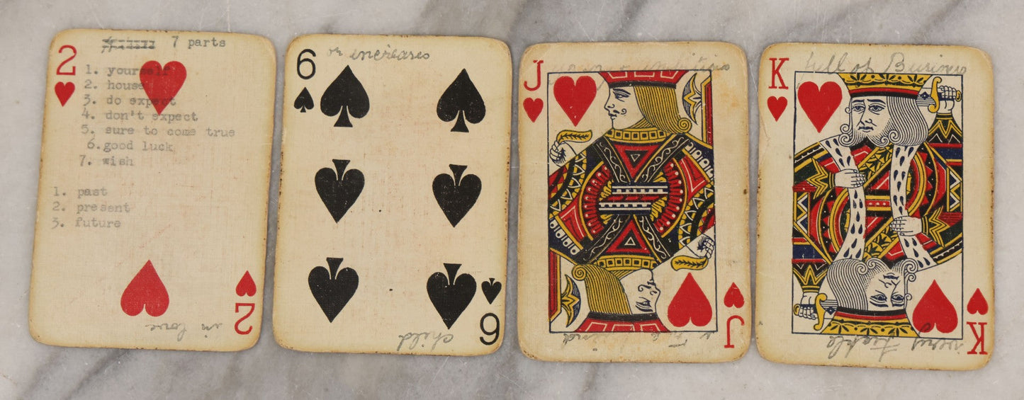 Lot 004 - Deck Of 50 Antique Playing Cards With Handwritten Fortune Telling Game Added, Handwriting Contemporary With Cards, Cards Manufactured By Russell Playing Card Co., New York, U.S.A