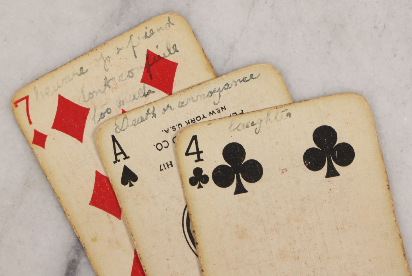 Lot 004 - Deck Of 50 Antique Playing Cards With Handwritten Fortune Telling Game Added, Handwriting Contemporary With Cards, Cards Manufactured By Russell Playing Card Co., New York, U.S.A