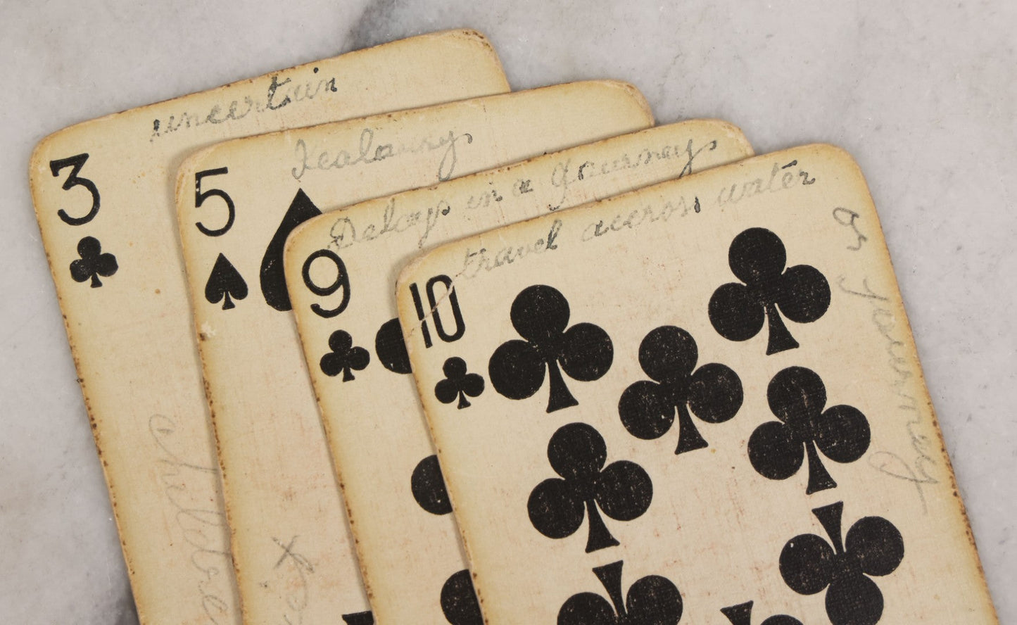 Lot 004 - Deck Of 50 Antique Playing Cards With Handwritten Fortune Telling Game Added, Handwriting Contemporary With Cards, Cards Manufactured By Russell Playing Card Co., New York, U.S.A