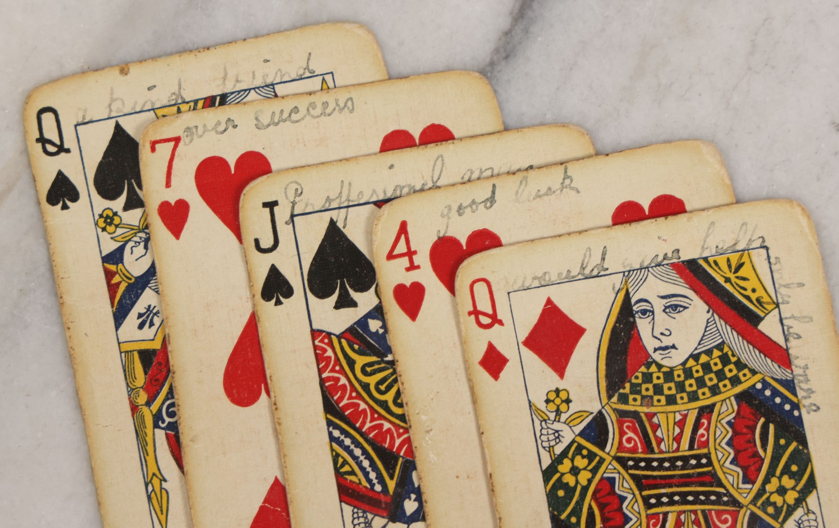 Lot 004 - Deck Of 50 Antique Playing Cards With Handwritten Fortune Telling Game Added, Handwriting Contemporary With Cards, Cards Manufactured By Russell Playing Card Co., New York, U.S.A