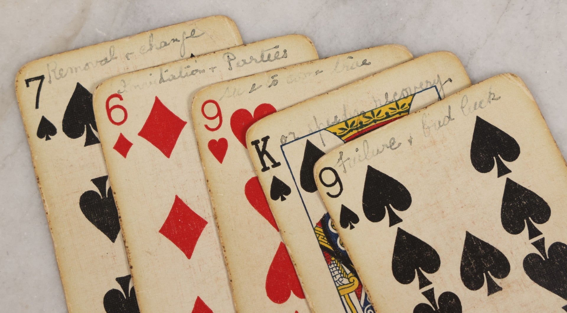 Lot 004 - Deck Of 50 Antique Playing Cards With Handwritten Fortune Telling Game Added, Handwriting Contemporary With Cards, Cards Manufactured By Russell Playing Card Co., New York, U.S.A