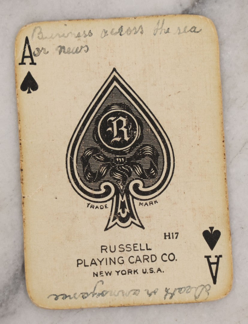 Lot 004 - Deck Of 50 Antique Playing Cards With Handwritten Fortune Telling Game Added, Handwriting Contemporary With Cards, Cards Manufactured By Russell Playing Card Co., New York, U.S.A