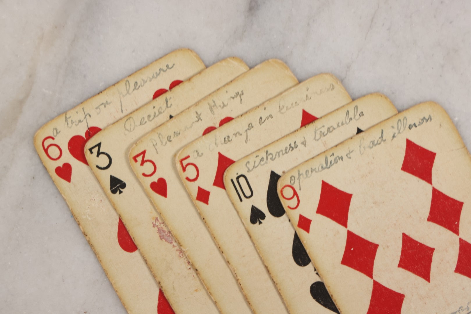 Lot 004 - Deck Of 50 Antique Playing Cards With Handwritten Fortune Telling Game Added, Handwriting Contemporary With Cards, Cards Manufactured By Russell Playing Card Co., New York, U.S.A