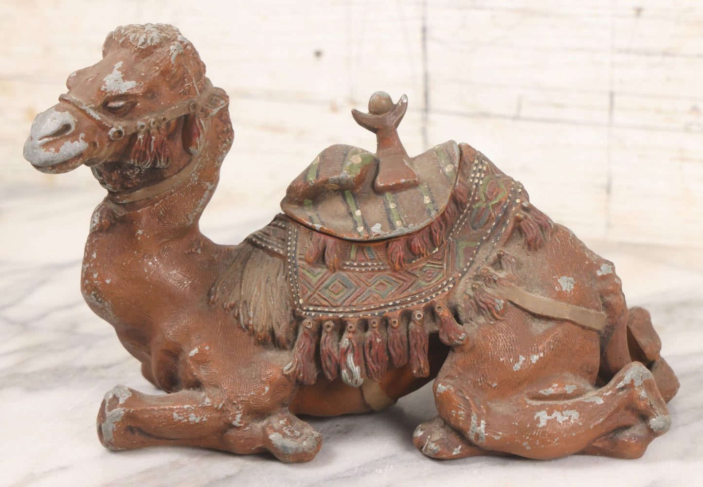 Lot 009 - Antique Painted White Metal Camel Figural Inkwell With Original Red, Green, Brown Paint