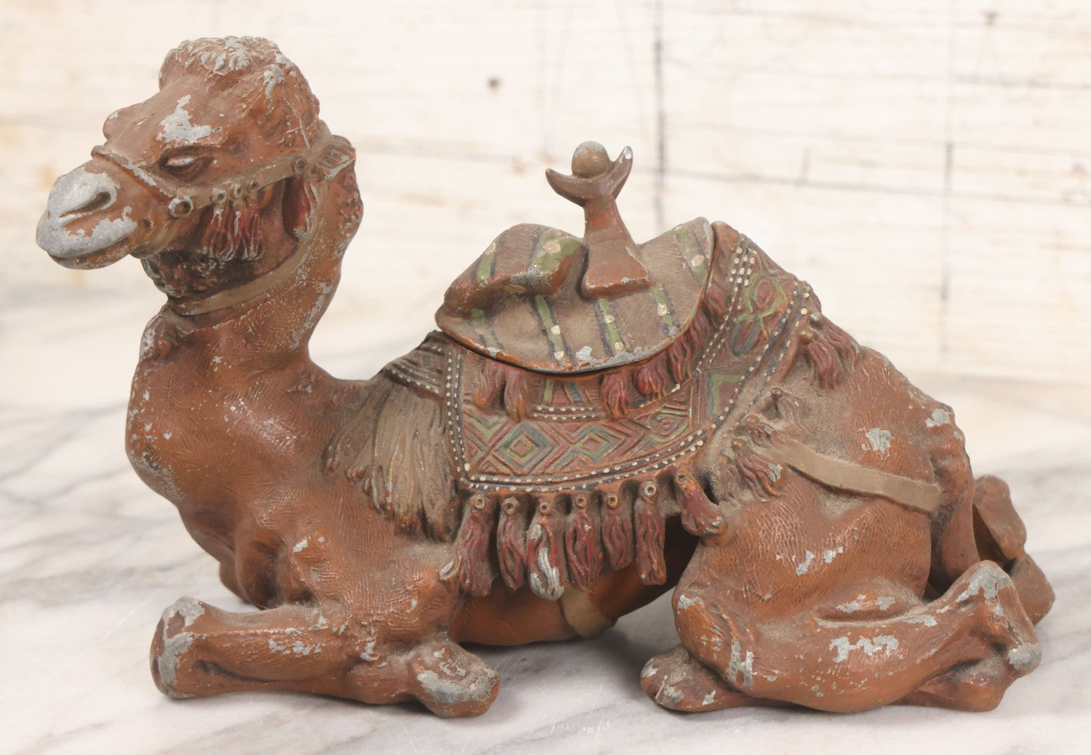Lot 009 - Antique Painted White Metal Camel Figural Inkwell With Original Red, Green, Brown Paint