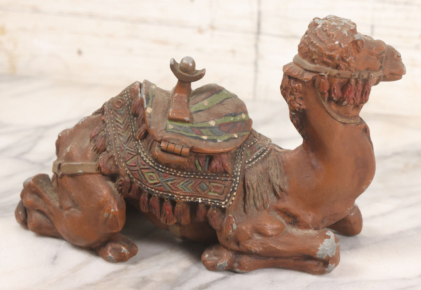 Lot 009 - Antique Painted White Metal Camel Figural Inkwell With Original Red, Green, Brown Paint