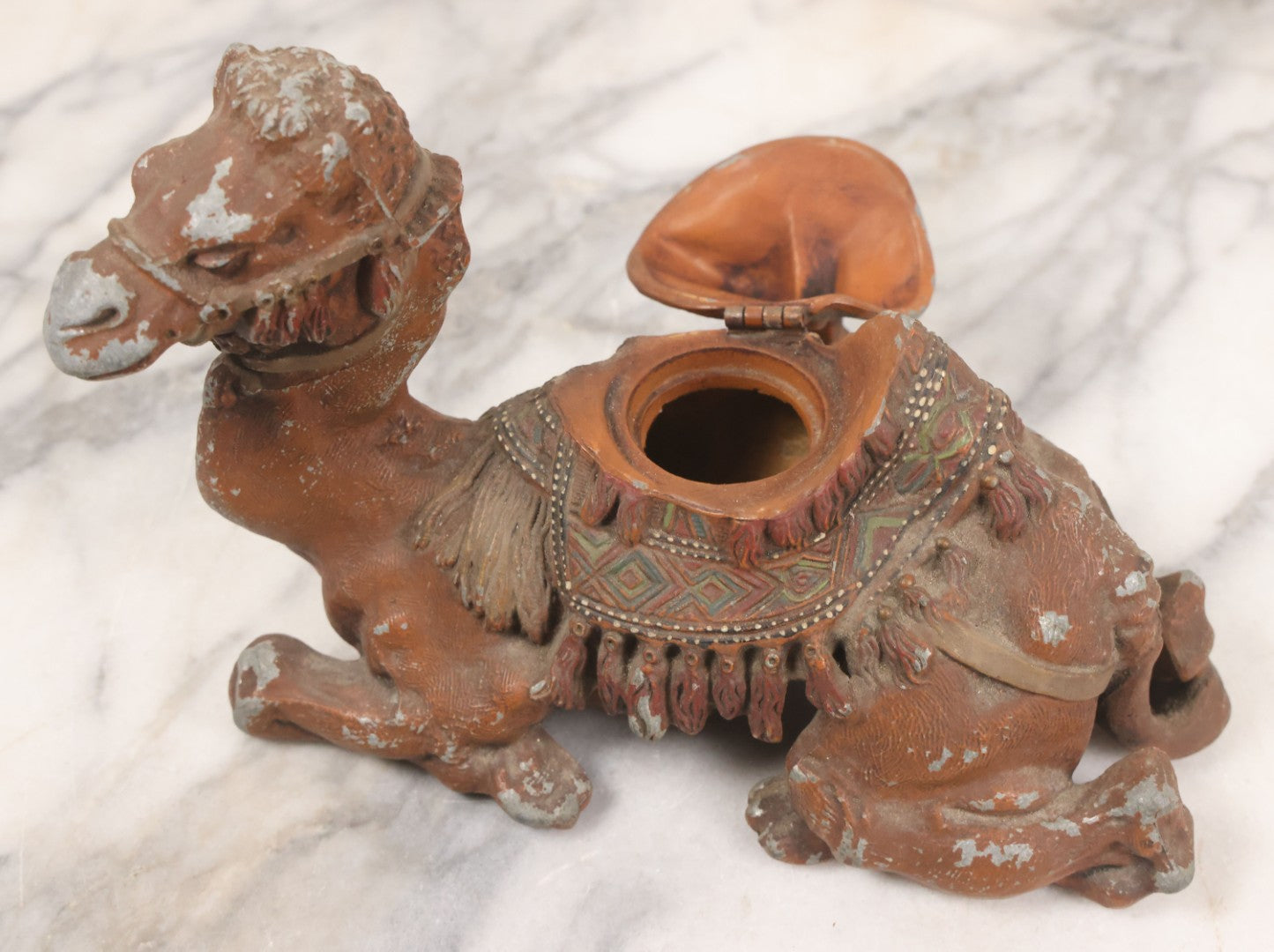Lot 009 - Antique Painted White Metal Camel Figural Inkwell With Original Red, Green, Brown Paint