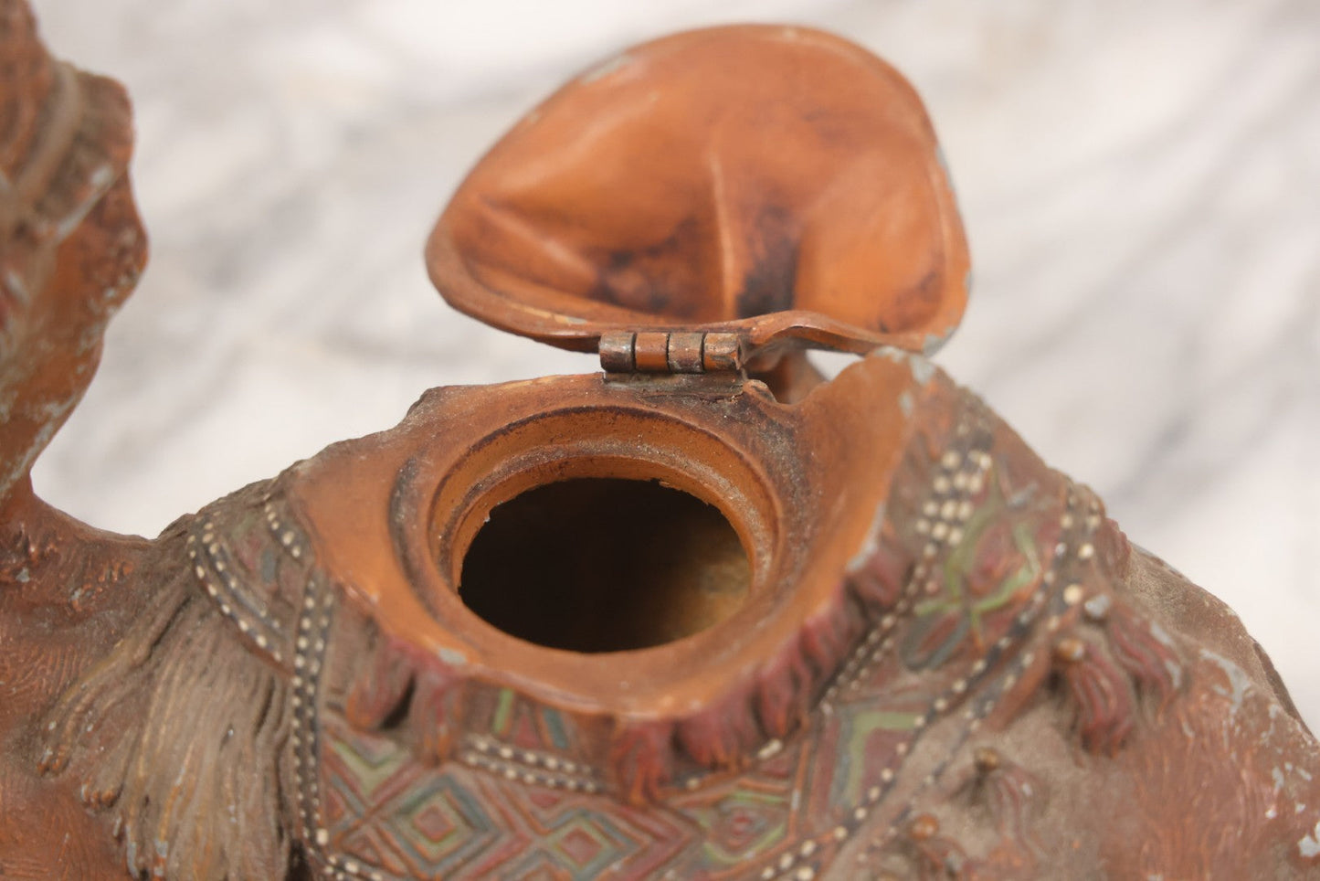 Lot 009 - Antique Painted White Metal Camel Figural Inkwell With Original Red, Green, Brown Paint