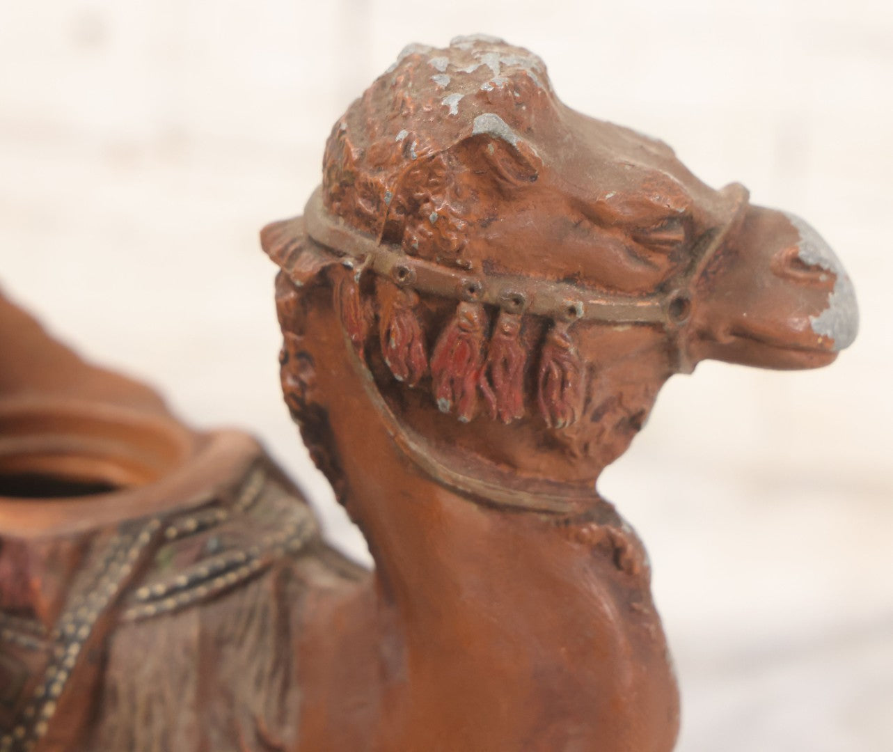 Lot 009 - Antique Painted White Metal Camel Figural Inkwell With Original Red, Green, Brown Paint