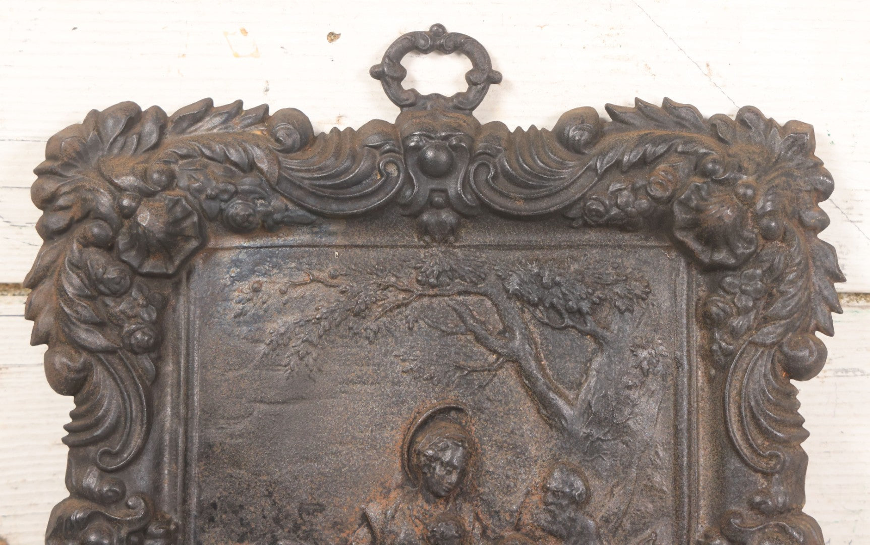 Lot 010 - Antique Cast Iron Religious Plaque Depicting The Holy Family, Virgin Mary, Baby Jesus, And John The Baptist, Wall Hanging Decor, 10-1/2" x 12-1/2"