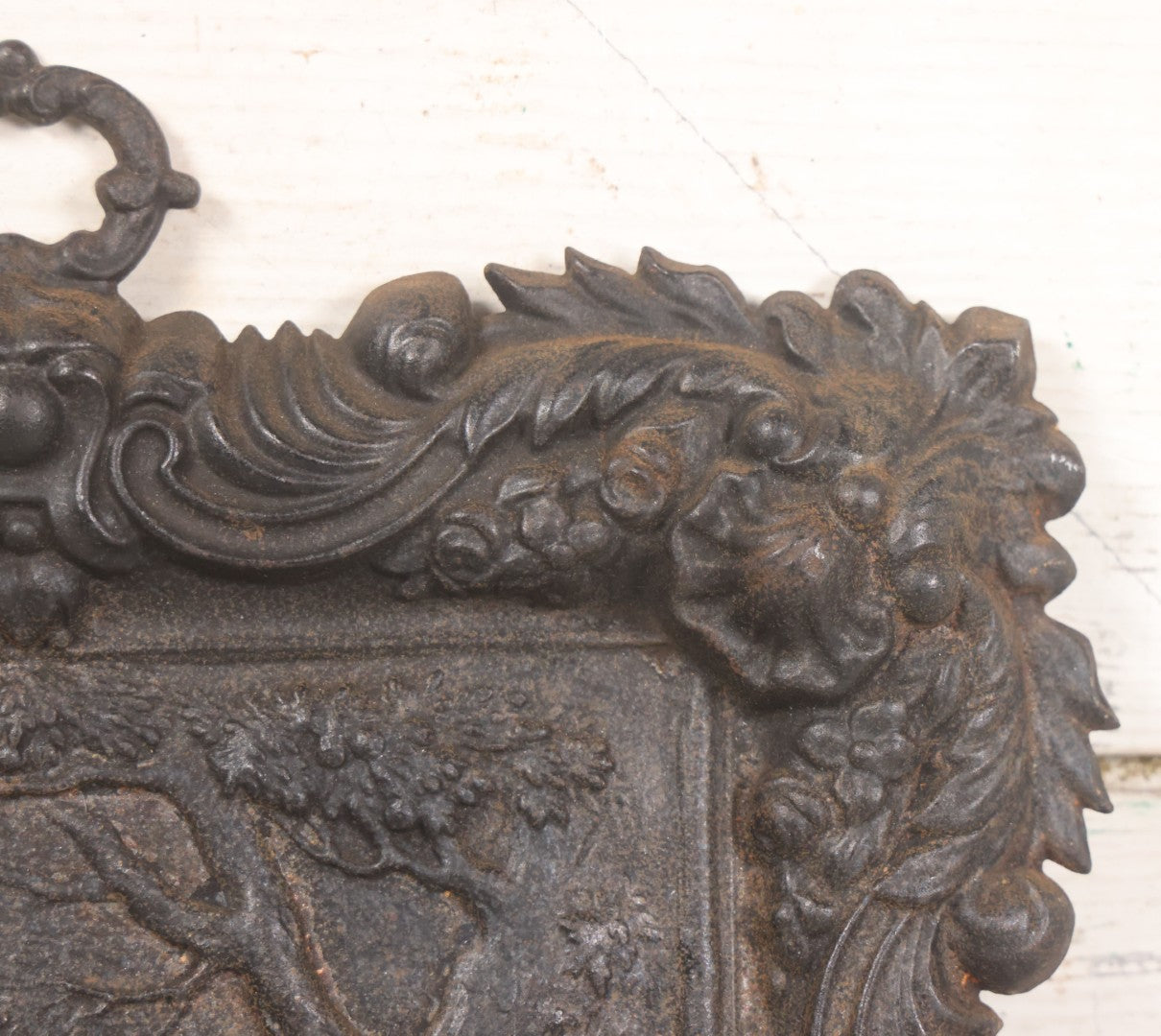 Lot 010 - Antique Cast Iron Religious Plaque Depicting The Holy Family, Virgin Mary, Baby Jesus, And John The Baptist, Wall Hanging Decor, 10-1/2" x 12-1/2"