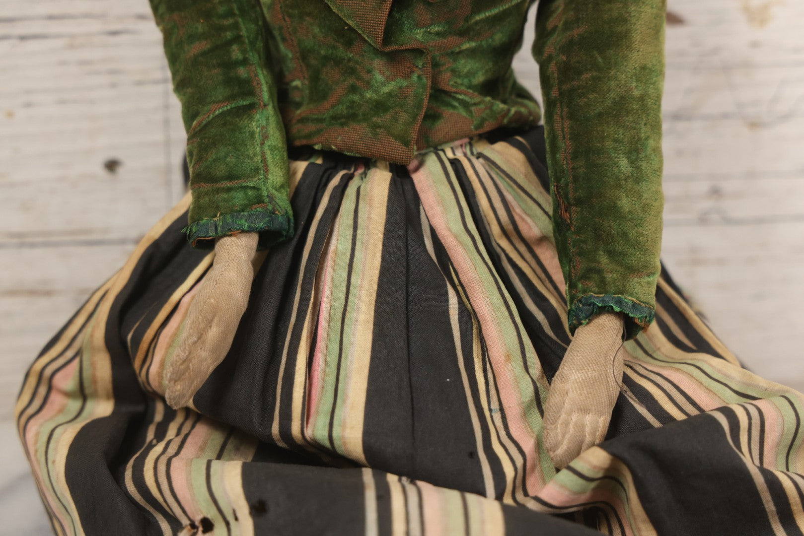 Lot 011 - Antique Victorian China Head Doll With Custom Outfit Including Velvet Blazer, Green, Pink, Yellow, And Black Striped Skirt, Knit Underskirt, White And Pink Pantyhose, And Black Stockings, 20" H