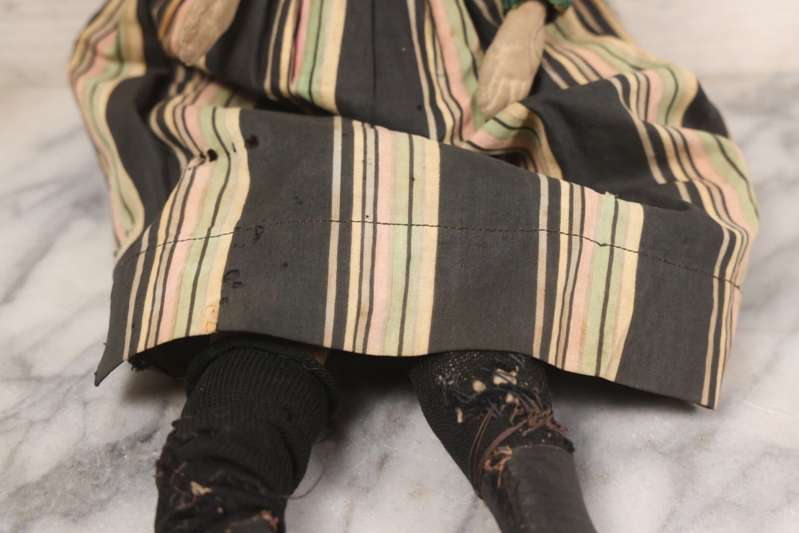 Lot 011 - Antique Victorian China Head Doll With Custom Outfit Including Velvet Blazer, Green, Pink, Yellow, And Black Striped Skirt, Knit Underskirt, White And Pink Pantyhose, And Black Stockings, 20" H