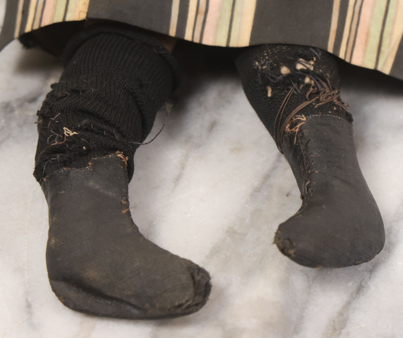 Lot 011 - Antique Victorian China Head Doll With Custom Outfit Including Velvet Blazer, Green, Pink, Yellow, And Black Striped Skirt, Knit Underskirt, White And Pink Pantyhose, And Black Stockings, 20" H