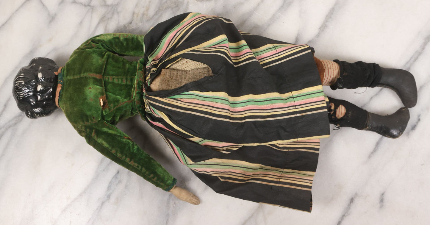 Lot 011 - Antique Victorian China Head Doll With Custom Outfit Including Velvet Blazer, Green, Pink, Yellow, And Black Striped Skirt, Knit Underskirt, White And Pink Pantyhose, And Black Stockings, 20" H
