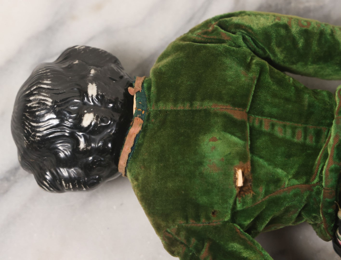 Lot 011 - Antique Victorian China Head Doll With Custom Outfit Including Velvet Blazer, Green, Pink, Yellow, And Black Striped Skirt, Knit Underskirt, White And Pink Pantyhose, And Black Stockings, 20" H