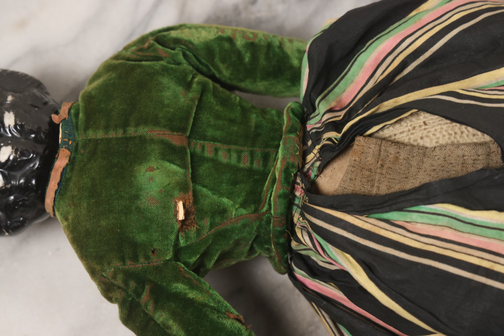 Lot 011 - Antique Victorian China Head Doll With Custom Outfit Including Velvet Blazer, Green, Pink, Yellow, And Black Striped Skirt, Knit Underskirt, White And Pink Pantyhose, And Black Stockings, 20" H