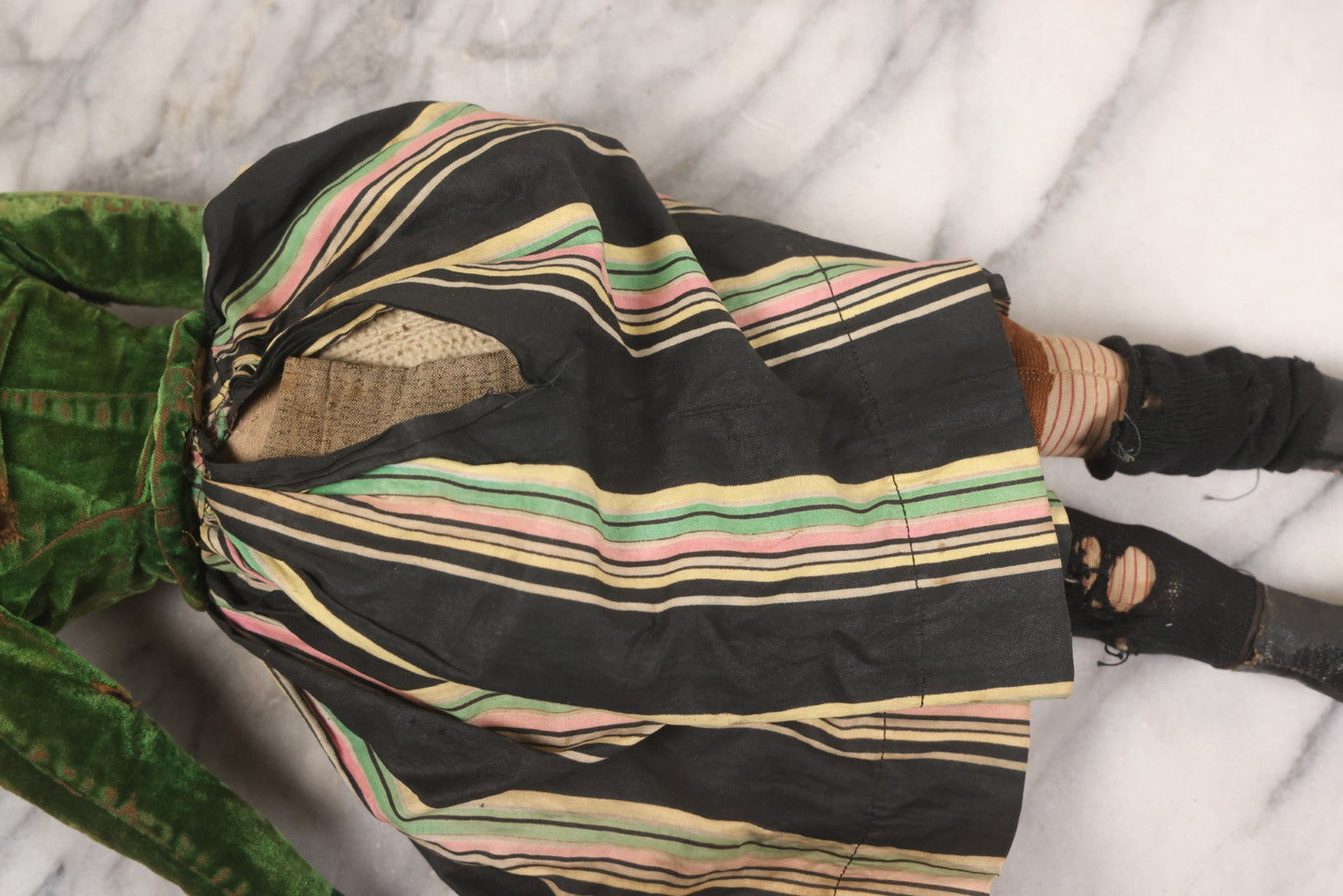 Lot 011 - Antique Victorian China Head Doll With Custom Outfit Including Velvet Blazer, Green, Pink, Yellow, And Black Striped Skirt, Knit Underskirt, White And Pink Pantyhose, And Black Stockings, 20" H